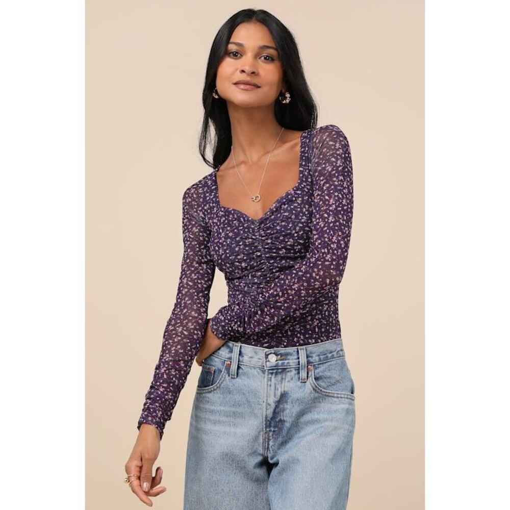 Lulus Adoring Desire Dark Purple Floral Print Mesh Ruched Bodysuit - Size L